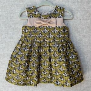 Hucklebones London Baby Girls Gold Bee Floral Jacquard Dress with Pink Bow